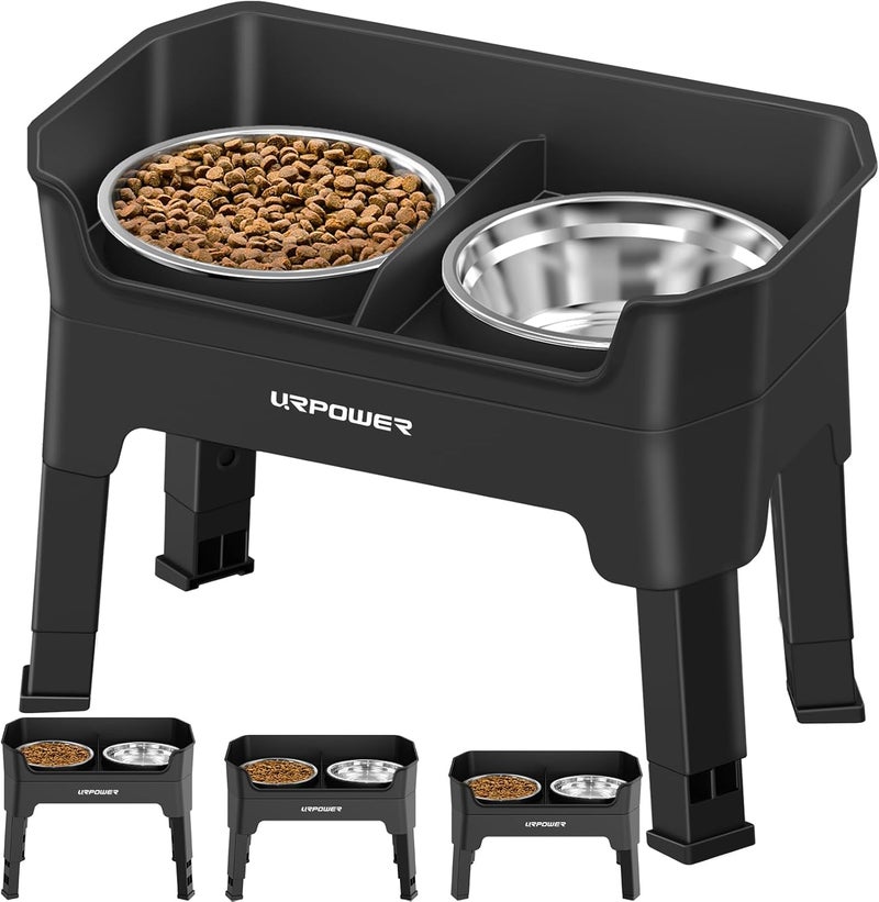 URPOWER 3-in-1 Elevated Dog Bowls - Mess Proof Double Deck 4 Height Adjustable Raised Stand with 2 Stainless Steel Food Bowls & Licking Plate for Small, Medium & Large Dogs - Image 1